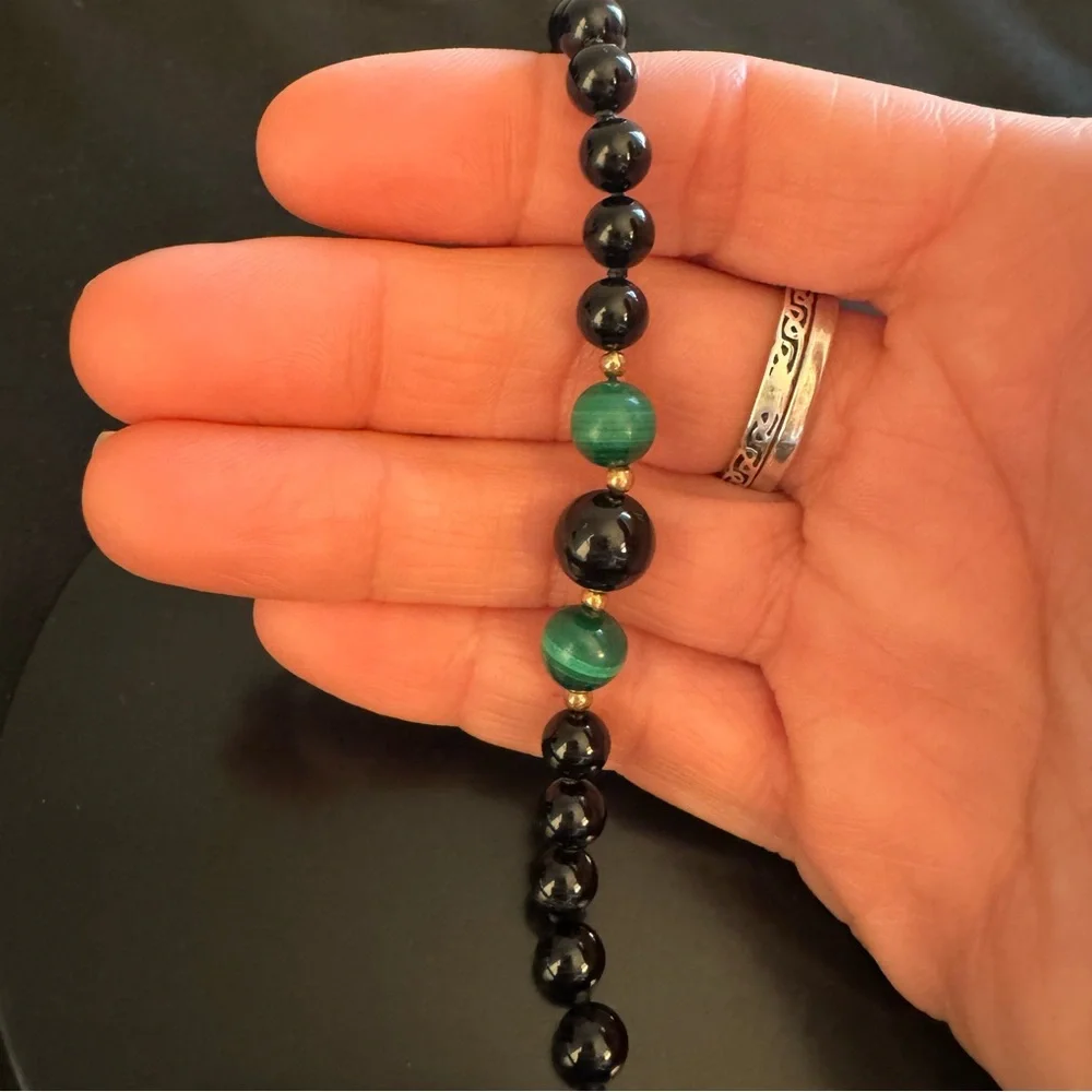 14K Gold Onyx & Malachite Beaded Bracelet – 6.5”